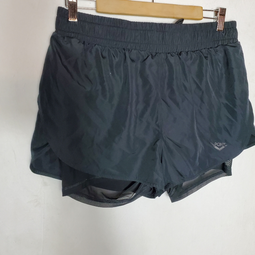 Pony Black athletic shorts Sz Large.Waist approx: 15.5 inches Inseam approx: